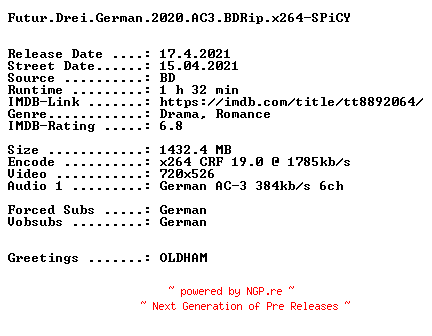 NFO for the release Futur.Drei.German.2020.AC3.BDRip.x264-SPiCY by SPiCY
