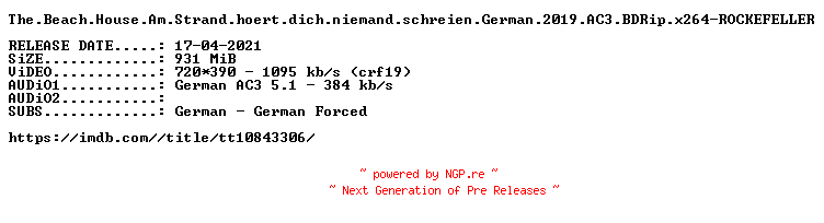 NFO for the release The.Beach.House.Am.Strand.hoert.dich.niemand.schreien.German.2019.AC3.BDRip.x264-ROCKEFELLER by ROCKEFELLER