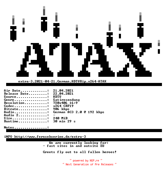 NFO for the release extra-3.2021-04-21.German.HDTVRip.x264-ATAX by ATAX