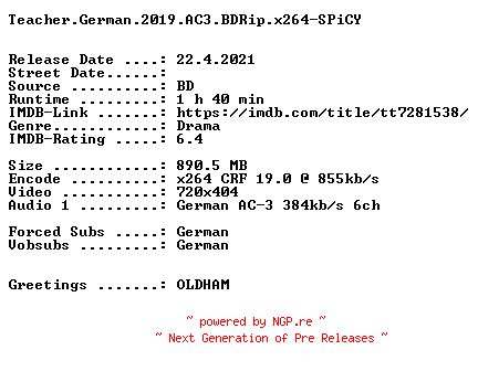 NFO for the release Teacher.German.2019.AC3.BDRip.x264-SPiCY by SPiCY