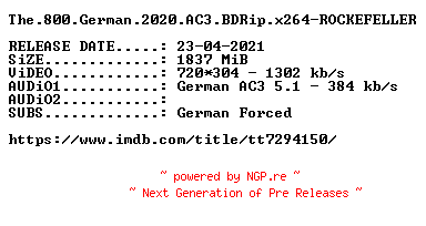 NFO for the release The.800.German.2020.AC3.BDRip.x264-ROCKEFELLER by ROCKEFELLER