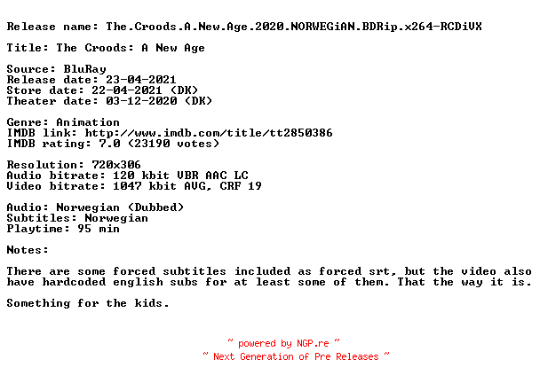 NFO for the release The.Croods.A.New.Age.2020.NORWEGiAN.BDRip.x264-RCDiVX by RCDiVX
