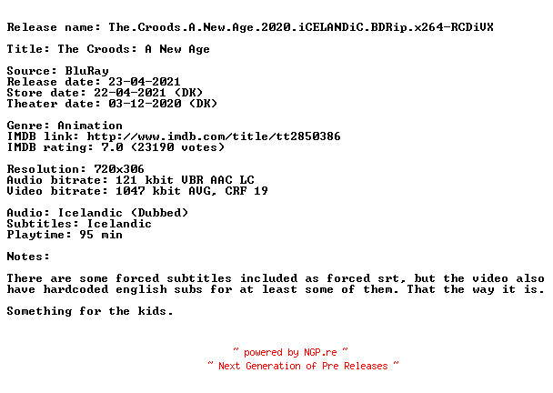 NFO for the release The.Croods.A.New.Age.2020.iCELANDiC.BDRip.x264-RCDiVX by RCDiVX