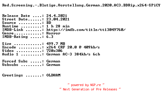 NFO for the release Red.Screening.-.Blutige.Vorstellung.German.2020.AC3.BDRip.x264-SPiCY by SPiCY