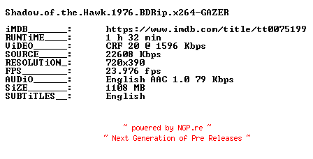 NFO for the release Shadow.of.the.Hawk.1976.BDRip.x264-GAZER by GAZER