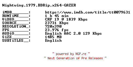 NFO for the release Nightwing.1979.BDRip.x264-GAZER by GAZER