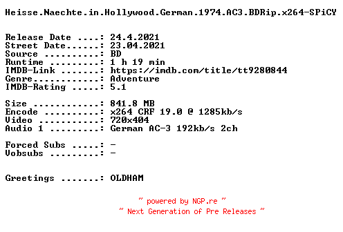 NFO for the release Heisse.Naechte.in.Hollywood.German.1974.AC3.BDRip.x264-SPiCY by SPiCY