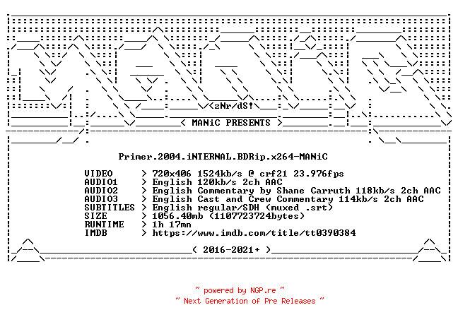 NFO for the release Primer.2004.iNTERNAL.BDRip.x264-MANiC by MANiC