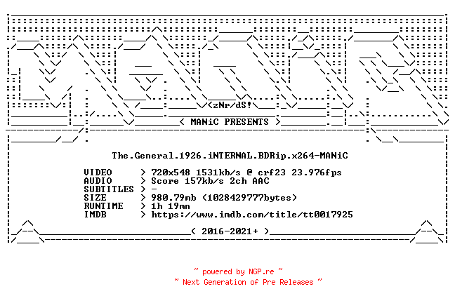 NFO for the release The.General.1926.iNTERNAL.BDRip.x264-MANiC by MANiC