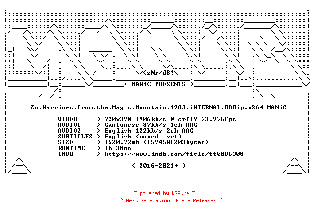 NFO for the release Zu.Warriors.from.the.Magic.Mountain.1983.iNTERNAL.BDRip.x264-MANiC by MANiC