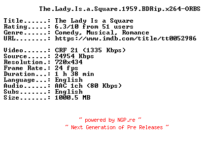 NFO for the release The.Lady.Is.a.Square.1959.BDRip.x264-ORBS by ORBS