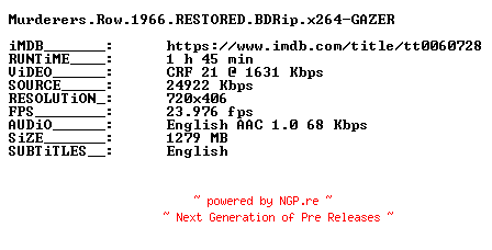 NFO for the release Murderers.Row.1966.RESTORED.BDRip.x264-GAZER by GAZER