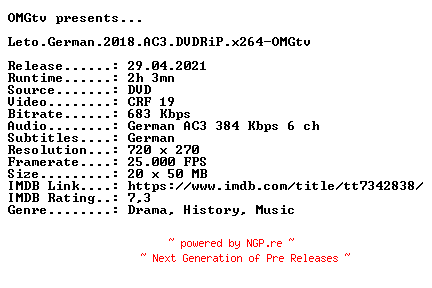NFO for the release Leto.German.2018.AC3.DVDRiP.x264-OMGtv by OMGtv