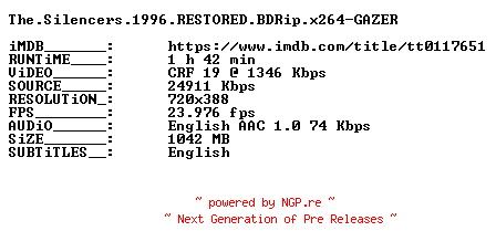 NFO for the release The.Silencers.1996.RESTORED.BDRip.x264-GAZER by GAZER