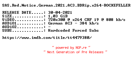 NFO for the release SAS.Red.Notice.German.2021.AC3.BDRip.x264-ROCKEFELLER by ROCKEFELLER