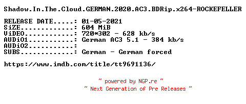 NFO for the release Shadow.In.The.Cloud.GERMAN.2020.AC3.BDRip.x264-ROCKEFELLER by ROCKEFELLER