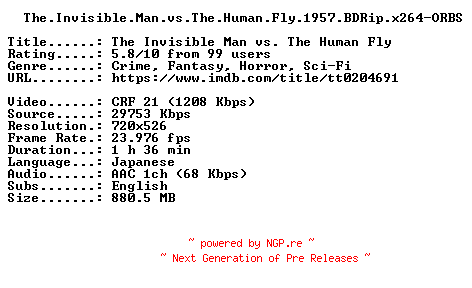 NFO for the release The.Invisible.Man.vs.The.Human.Fly.1957.BDRip.x264-ORBS by ORBS