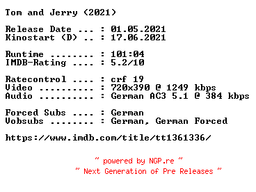 NFO for the release Tom.and.Jerry.German.2021.AC3.BDRip.x264-COiNCiDENCE by COiNCiDENCE