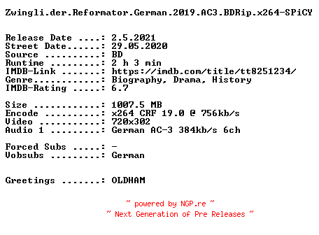 NFO for the release Zwingli.der.Reformator.German.2019.AC3.BDRip.x264-SPiCY by SPiCY