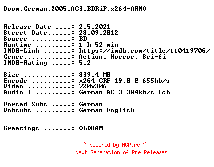 NFO for the release Doom.Der.Film.German.2005.AC3.BDRiP.x264.iNTERNAL-ARMO by ARMO