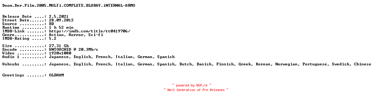 NFO for the release Doom.Der.Film.2005.MULTi.COMPLETE.BLURAY.iNTERNAL-ARMO by ARMO