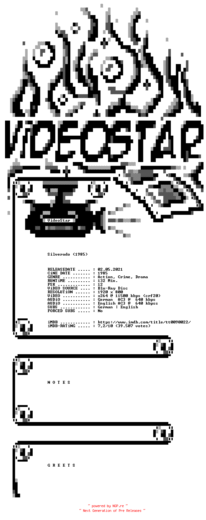 NFO for the release Silverado.1985.German.DL.1080p.BluRay.x264.iNTERNAL-VideoStar by VideoStar