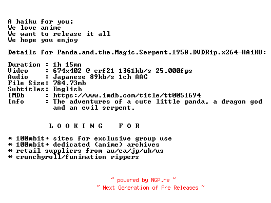 NFO for the release Panda.and.the.Magic.Serpent.1958.DVDRip.x264-HAiKU by HAiKU