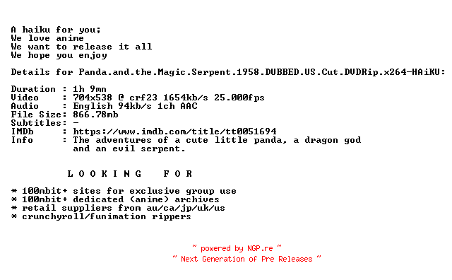 NFO for the release Panda.and.the.Magic.Serpent.1958.DUBBED.US.Cut.DVDRip.x264-HAiKU by HAiKU