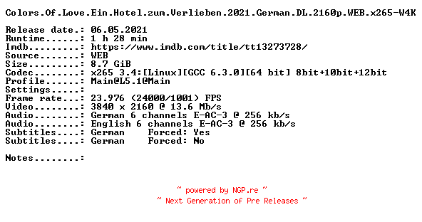NFO for the release Colors.Of.Love.Ein.Hotel.zum.Verlieben.2021.German.DL.2160p.WEB.x265-W4K by W4K