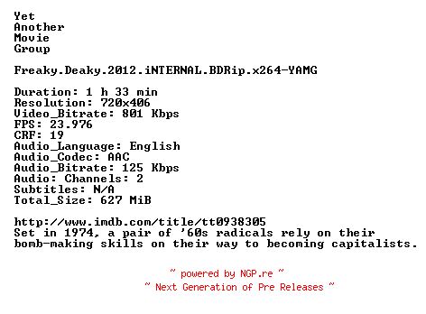 NFO for the release Freaky.Deaky.2012.iNTERNAL.BDRip.x264-YAMG by YAMG