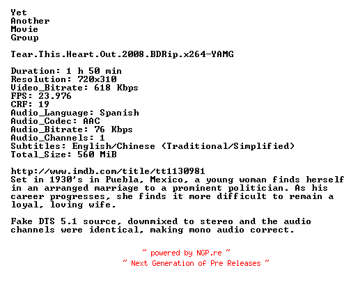 NFO for the release Tear.This.Heart.Out.2008.BDRip.x264-YAMG by YAMG