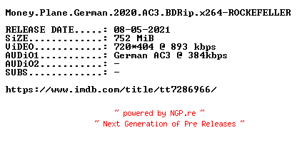 NFO for the release Money.Plane.German.2020.AC3.BDRip.x264-ROCKEFELLER by ROCKEFELLER