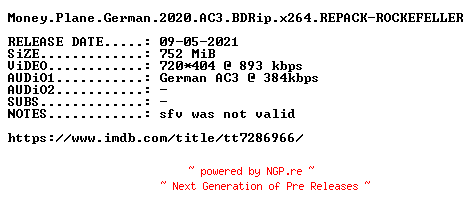NFO for the release Money.Plane.German.2020.AC3.BDRip.x264.REPACK-ROCKEFELLER by ROCKEFELLER