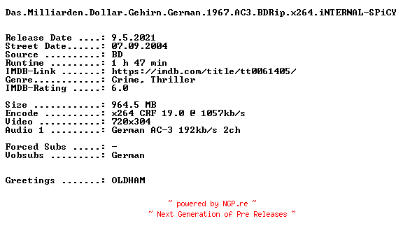 NFO for the release Das.Milliarden.Dollar.Gehirn.German.1967.AC3.BDRip.x264.iNTERNAL-SPiCY by SPiCY