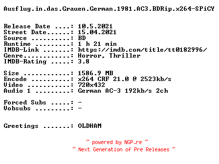 NFO for the release Ausflug.in.das.Grauen.German.1981.AC3.BDRip.x264-SPiCY by SPiCY