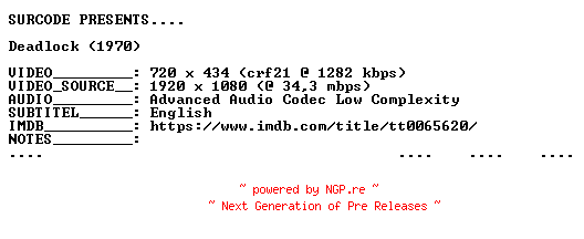 NFO for the release Deadlock.1970.BDRip.x264-SURCODE by SURCODE