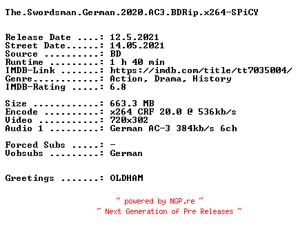 NFO for the release The.Swordsman.German.2020.AC3.BDRip.x264-SPiCY by SPiCY