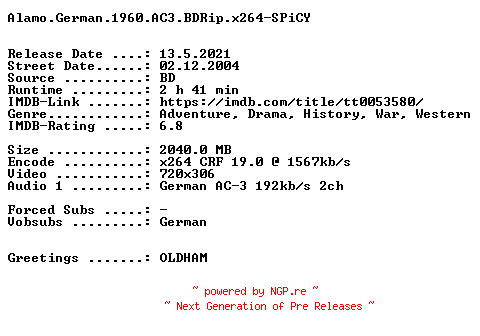 NFO for the release Alamo.German.1960.AC3.BDRip.x264-SPiCY by SPiCY