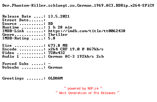 NFO for the release Der.Phantom-Killer.schlaegt.zu.German.1969.AC3.BDRip.x264-SPiCY by SPiCY