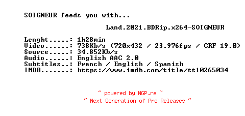 NFO for the release Land.2021.BDRip.x264-SOIGNEUR by SOIGNEUR
