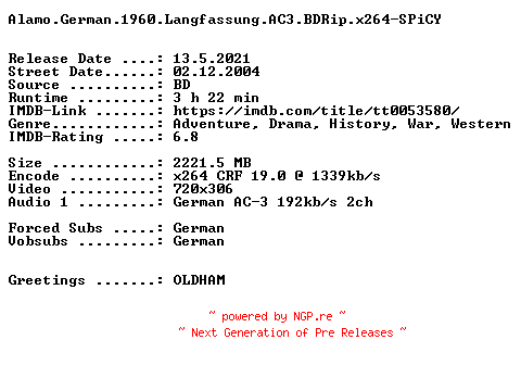NFO for the release Alamo.German.1960.Langfassung.AC3.BDRip.x264-SPiCY by SPiCY