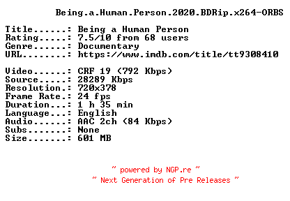 NFO for the release Being.a.Human.Person.2020.BDRip.x264-ORBS by ORBS