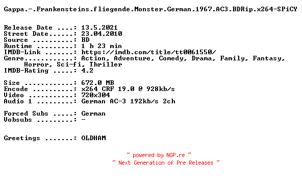 NFO for the release Gappa.-.Frankensteins.fliegende.Monster.German.1967.AC3.BDRip.x264-SPiCY by SPiCY