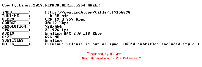 NFO for the release County.Lines.2019.REPACK.BDRip.x264-GAZER by GAZER