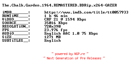 NFO for the release The.Chalk.Garden.1964.REMASTERED.BDRip.x264-GAZER by GAZER
