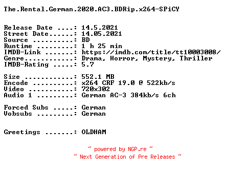 NFO for the release The.Rental.German.2020.AC3.BDRip.x264-SPiCY by SPiCY