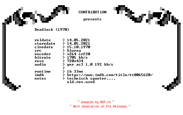NFO for the release Deadlock.1970.German.BDRip.PROPER.x264-CONTRiBUTiON by CONTRiBUTiON