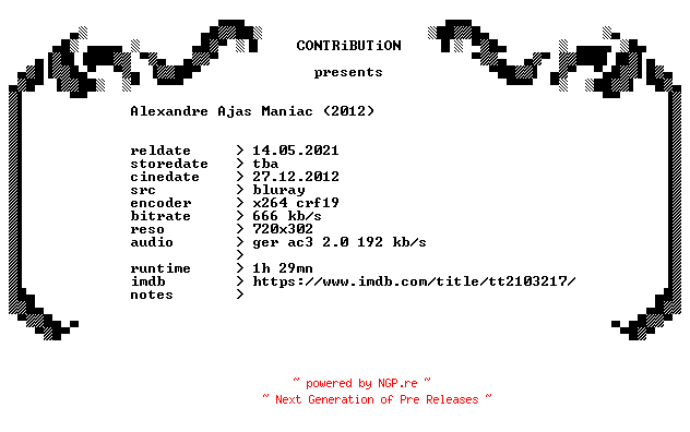 NFO for the release Alexandre.Ajas.Maniac.2012.Remastered.German.BDRip.x264-CONTRiBUTiON by CONTRiBUTiON