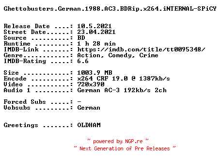 NFO for the release Ghettobusters.German.1988.AC3.BDRip.x264.iNTERNAL-SPiCY by SPiCY