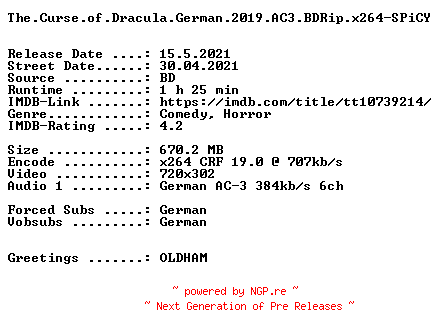 NFO for the release The.Curse.of.Dracula.German.2019.AC3.BDRip.x264-SPiCY by SPiCY